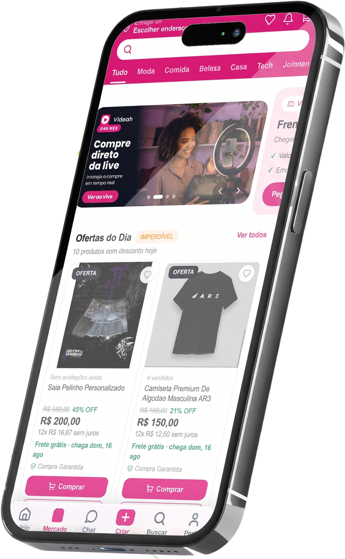 App próprio com loja, live e checkout no celular